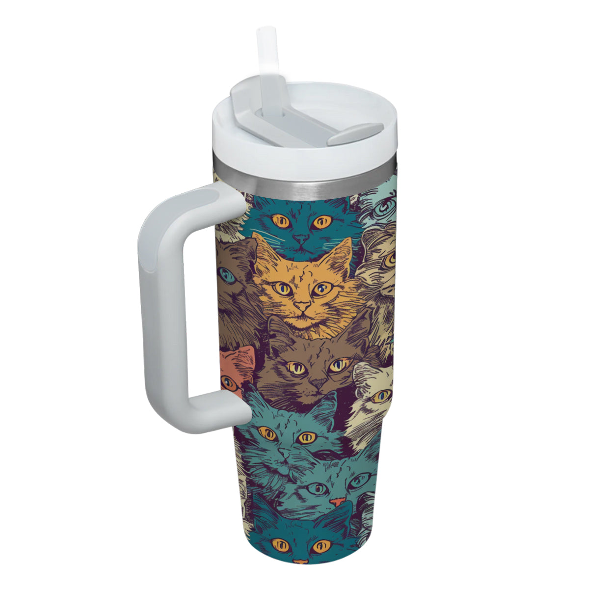 Cute Cat Tumbler 40oz With Handle, Cat Pattern 40oz Tumbler, Cat Lover Tumbler 40oz, Stainless Steel Tumbler, Insulated Tumbler 24