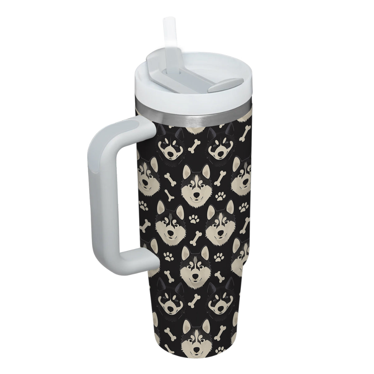 Cute Siberian Husky Tumbler 40oz With Handle, Siberian Husky Pattern 40oz Tumbler, Dog Paw Photo Tumbler with Straw, Dog Lover Tumbler, Stainless Steel Tumbler, Insulated Tumbler 01