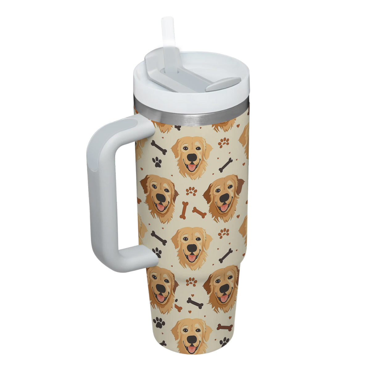 Cute Golden Retriever Tumbler 40oz With Handle, Golden Retriever Pattern 40oz Tumbler, Dog Paw Photo Tumbler with Straw, Dog Lover Tumbler, Stainless Steel Tumbler, Insulated Tumbler