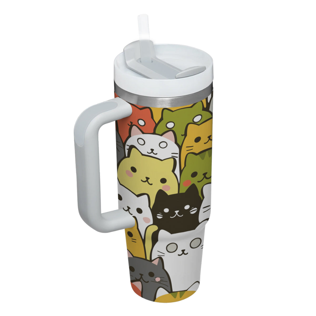 Cute Cat Tumbler 40oz With Handle, Cat Pattern 40oz Tumbler, Cat Lover Tumbler 40oz, Stainless Steel Tumbler, Insulated Tumbler 25