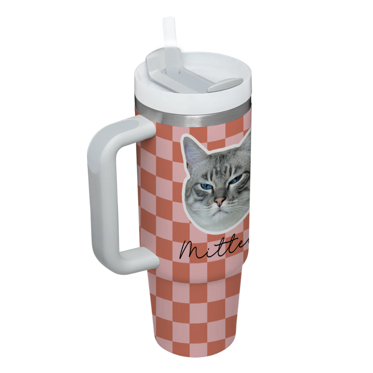 Custom Pet Portrait Tumbler With Pet Name Photo, Custom Dog Tumbler Personalized Cat Tumbler 40oz With Handle, Custom Checkered Tumbler Puppy Gift Pet Travel Mug, Stainless Steel Tumbler, Insulated Tumbler 17