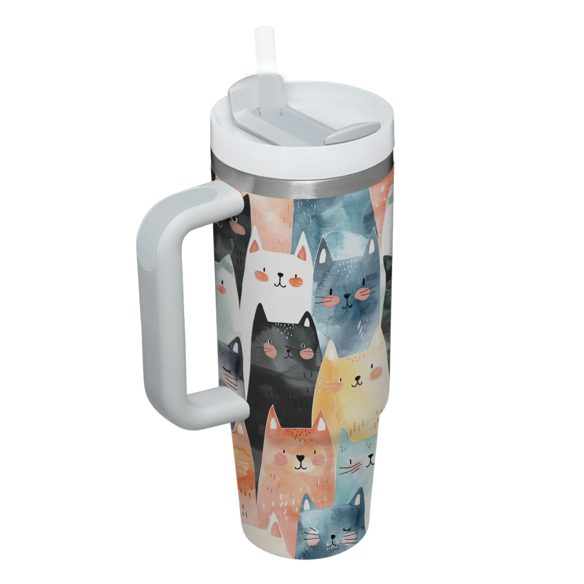 Cute Cat Tumbler 40oz With Handle, Cat Pattern 40oz Tumbler, Cat Lover Tumbler 40oz, Stainless Steel Tumbler, Insulated Tumbler 19