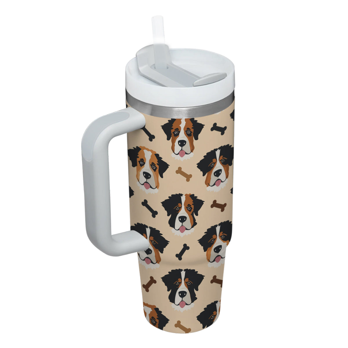 Cute St. Bernard Tumbler 40oz With Handle, St. Bernard Pattern 40oz Tumbler, Dog Paw Photo Tumbler with Straw, Dog Lover Tumbler, Stainless Steel Tumbler, Insulated Tumbler