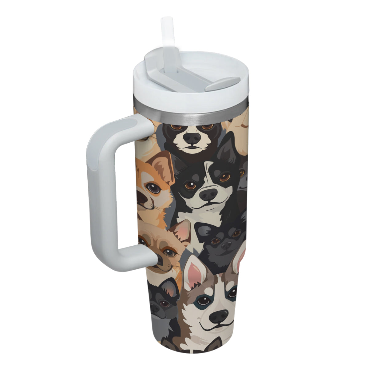 Cute Dog Tumbler 40oz With Handle, Dog Face Pattern 40oz Tumbler, Puppies Tumbler with Straw, Dog Lover Tumbler, Stainless Steel Tumbler, Insulated Tumbler 05