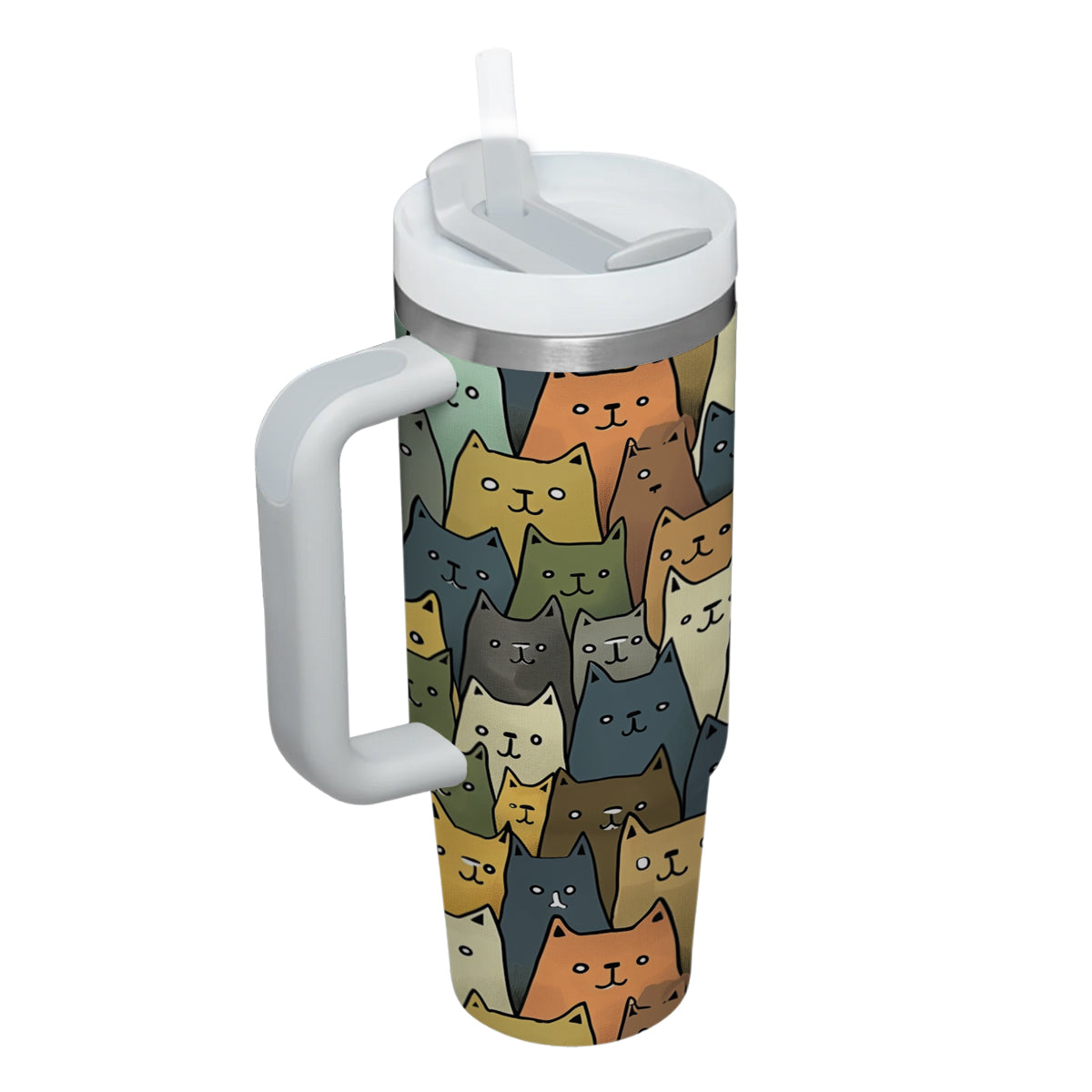 Cute Cat Tumbler 40oz With Handle, Cat Pattern 40oz Tumbler, Cat Lover Tumbler 40oz, Stainless Steel Tumbler, Insulated Tumbler 20