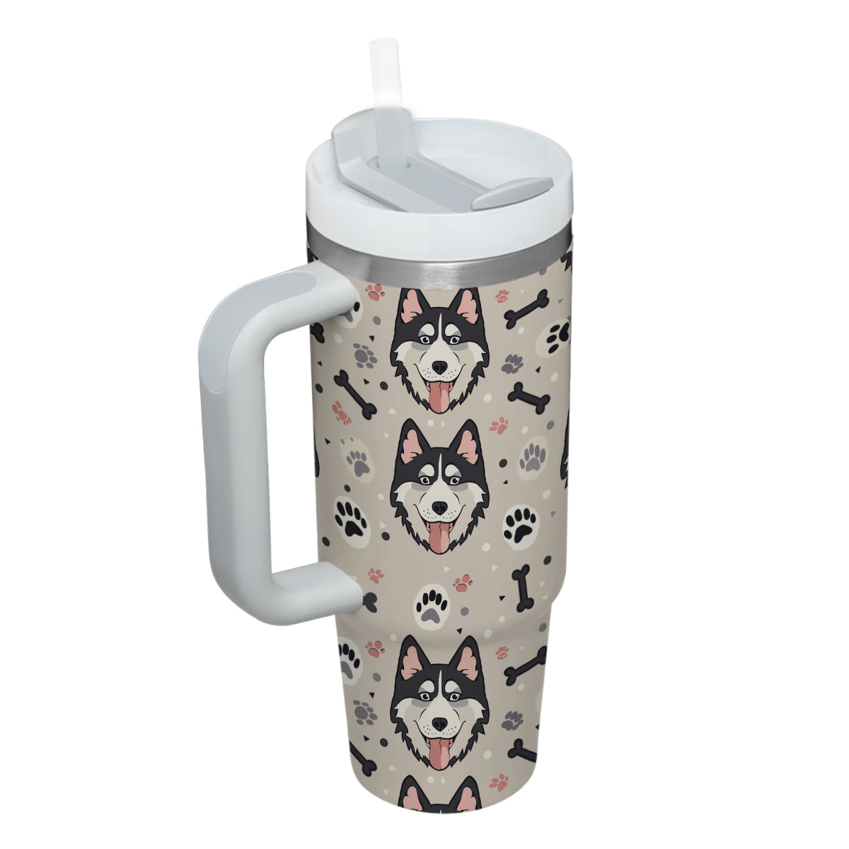 Cute Siberian Husky Tumbler 40oz With Handle, Siberian Husky Pattern 40oz Tumbler, Dog Paw Photo Tumbler with Straw, Dog Lover Tumbler, Stainless Steel Tumbler, Insulated Tumbler 02