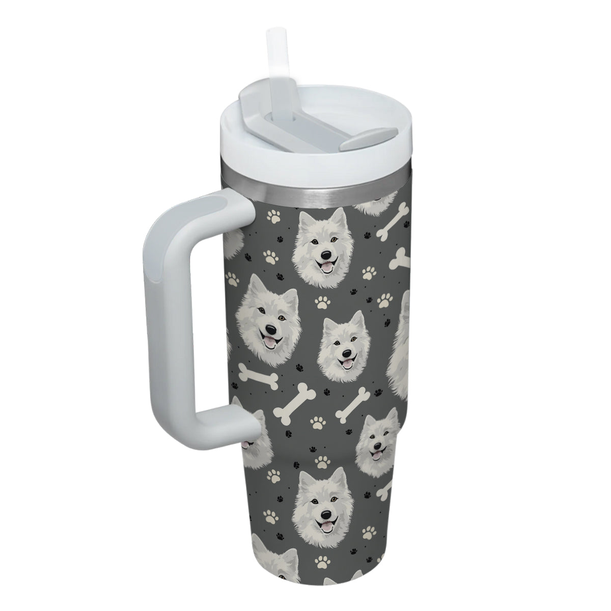 Cute Samoyed Tumbler 40oz With Handle, Samoyed Pattern 40oz Tumbler, Dog Paw Photo Tumbler with Straw, Dog Lover Tumbler, Stainless Steel Tumbler, Insulated Tumbler 02