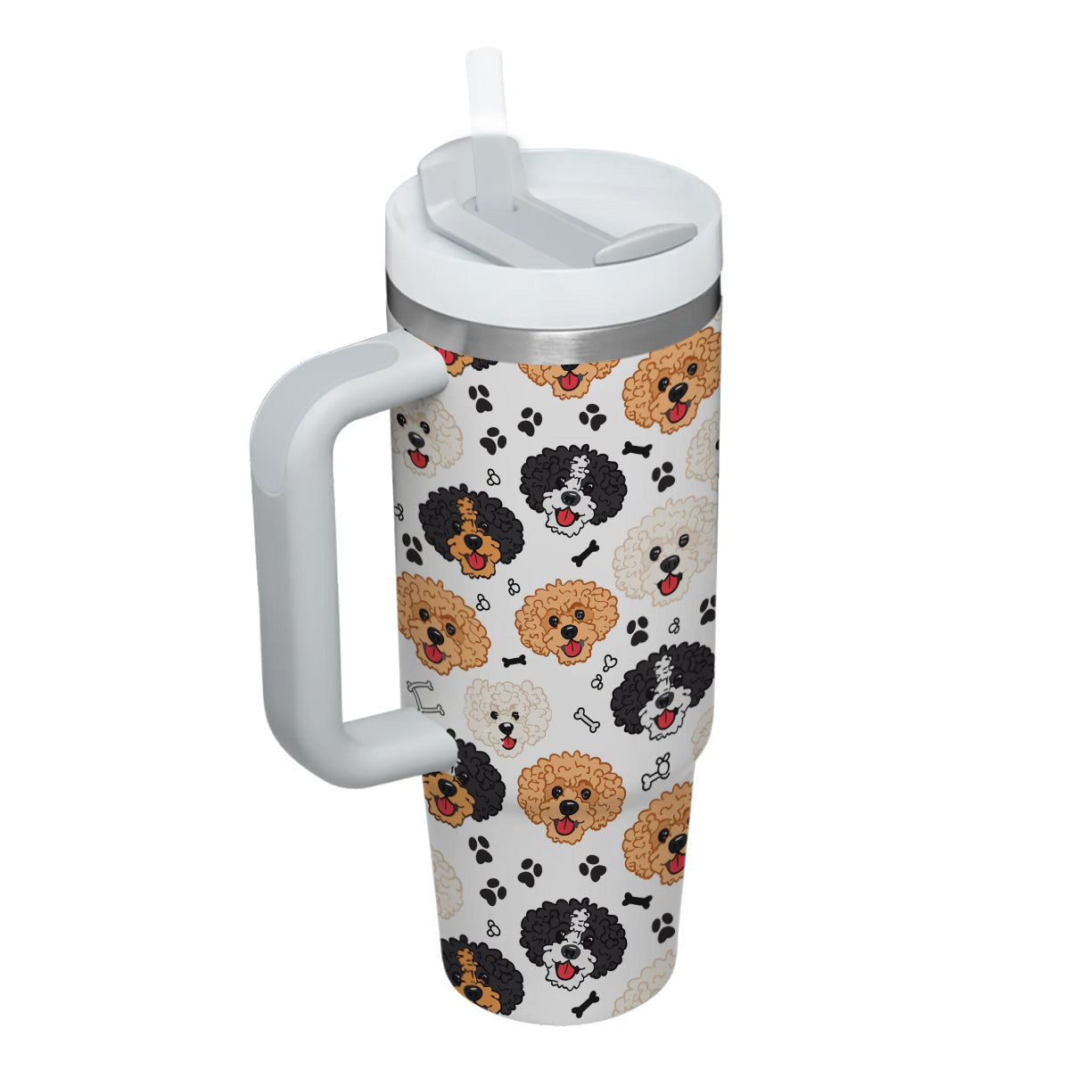 Cute Poodle Tumbler 40oz With Handle, Poodle Pattern 40oz Tumbler, Dog Paw Photo Tumbler with Straw, Dog Lover Tumbler, Stainless Steel Tumbler, Insulated Tumbler 02