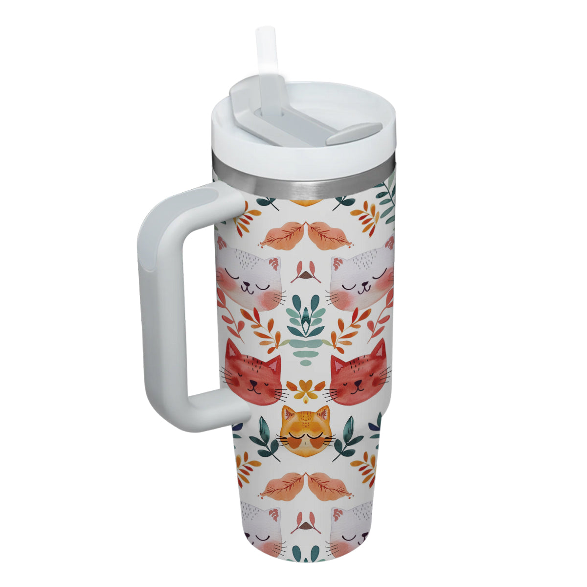 Cute Cat Tumbler 40oz With Handle, Cat Pattern 40oz Tumbler, Cat Lover Tumbler 40oz, Stainless Steel Tumbler, Insulated Tumbler 12