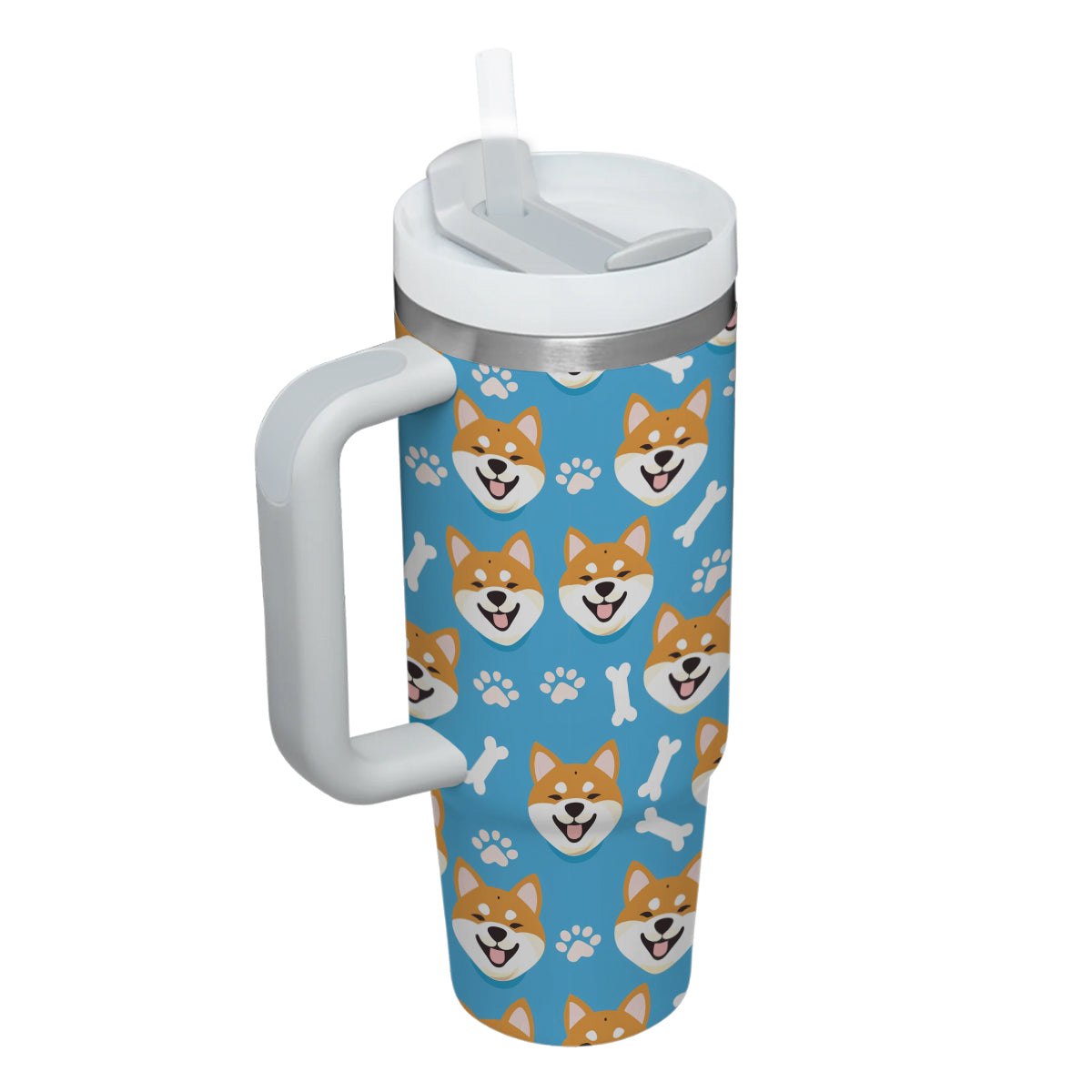 Cute Shiba Tumbler 40oz With Handle, Shiba Pattern 40oz Tumbler, Dog Paw Photo Tumbler with Straw, Dog Lover Tumbler, Stainless Steel Tumbler, Insulated Tumbler 01