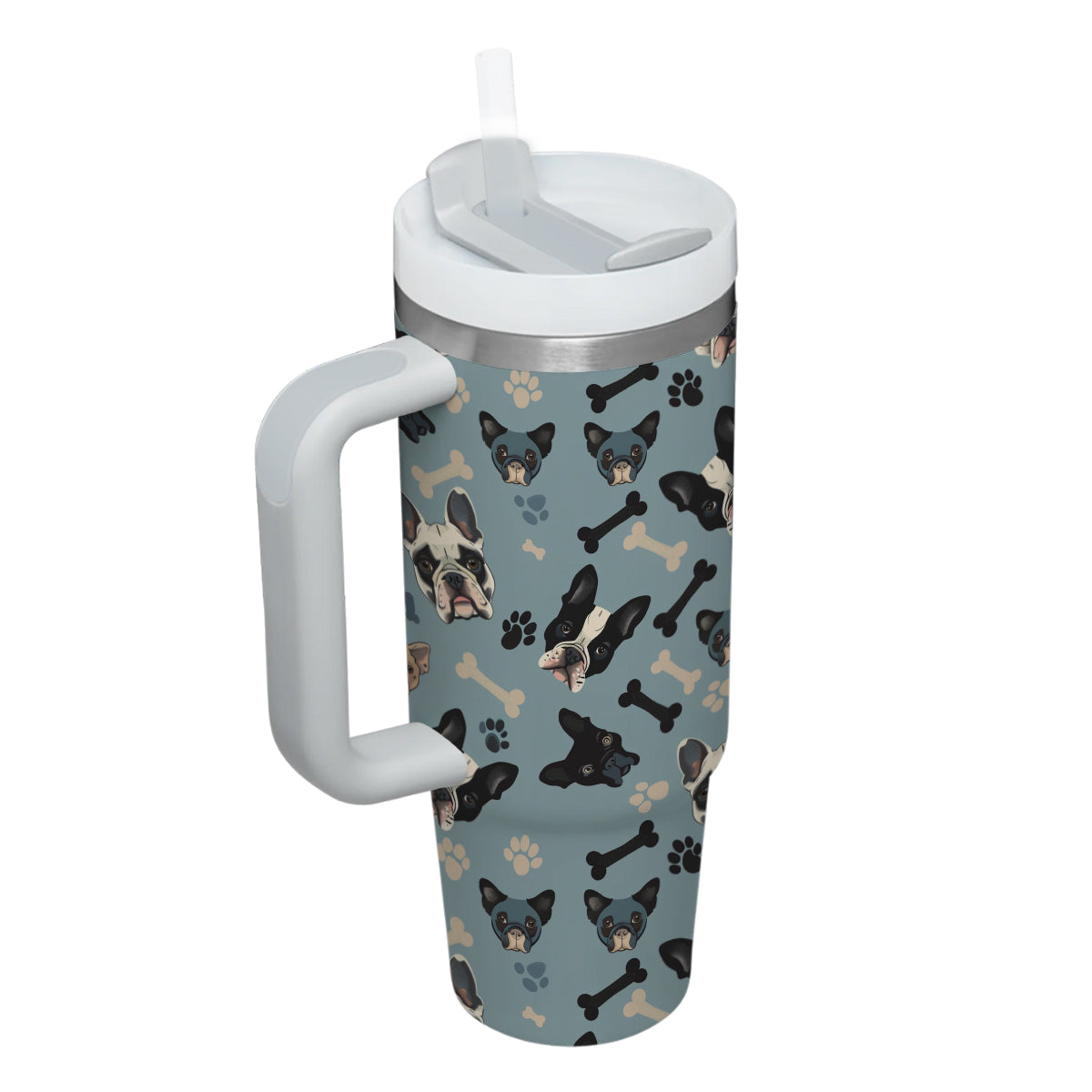 Cute French Bulldog Tumbler 40oz With Handle, French Bulldog Pattern 40oz Tumbler, Dog Paw Photo Tumbler with Straw, Dog Lover Tumbler, Stainless Steel Tumbler, Insulated Tumbler 02