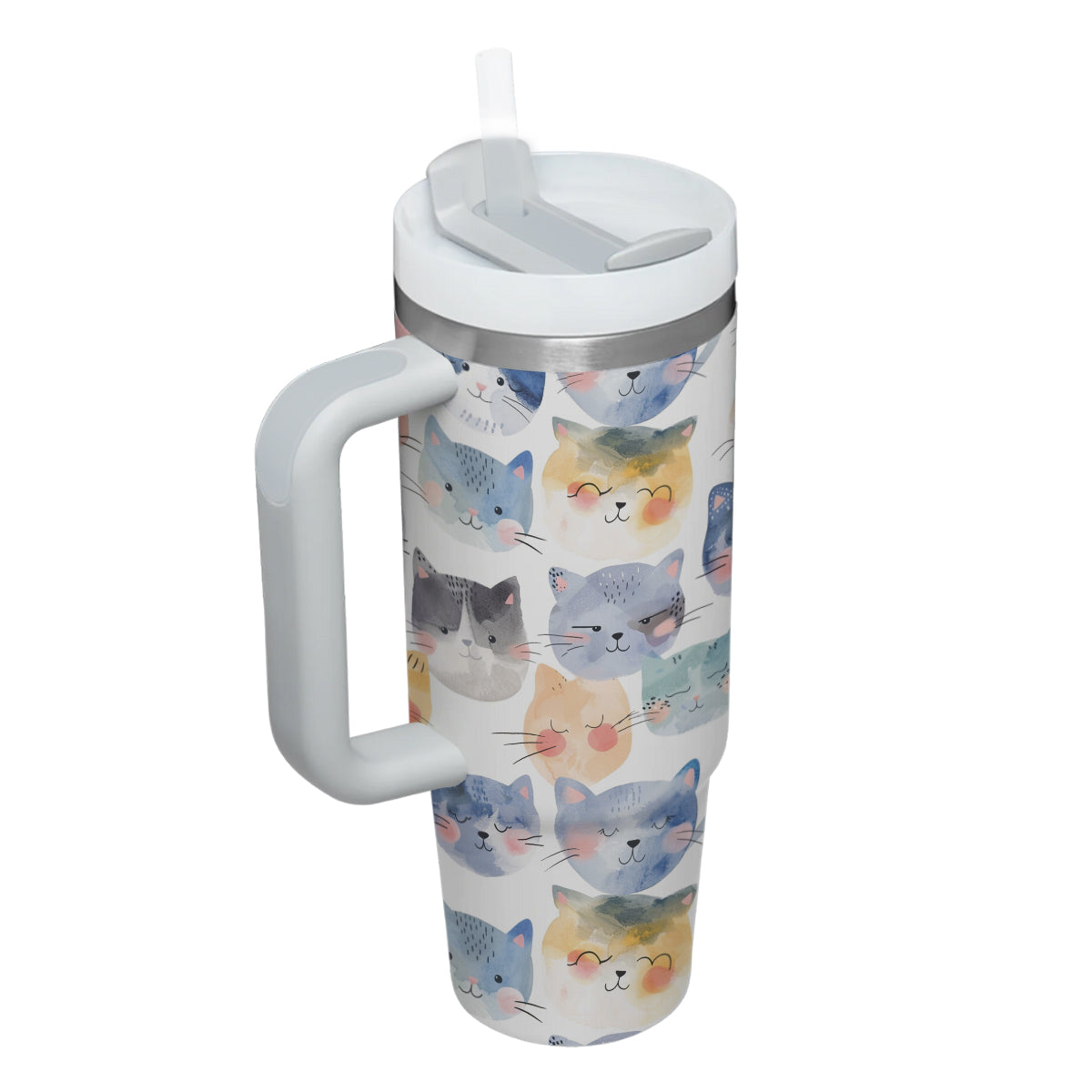 Cute Cat Tumbler 40oz With Handle, Cat Pattern 40oz Tumbler, Cat Lover Tumbler 40oz, Stainless Steel Tumbler, Insulated Tumbler 18