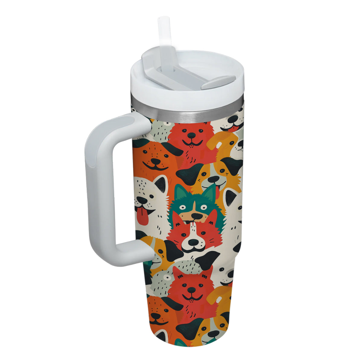 Cute Dog Tumbler 40oz With Handle, Dog Face Pattern 40oz Tumbler, Puppies Tumbler with Straw, Dog Lover Tumbler, Stainless Steel Tumbler, Insulated Tumbler 01