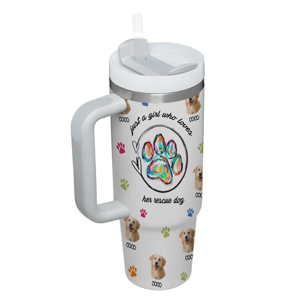 Custom Pet Photo Tumbler 40oz With Handle, Just A Girl Who Loves Dogs: Personalized Cute Dog Gifts for Dog Mom, Pets, Paw Prints , Puppies Tumbler with Straw, Dog Lover Tumbler, Favorite Pet Tumbler, Stainless Steel Tumbler, Insulated Tumbler 09