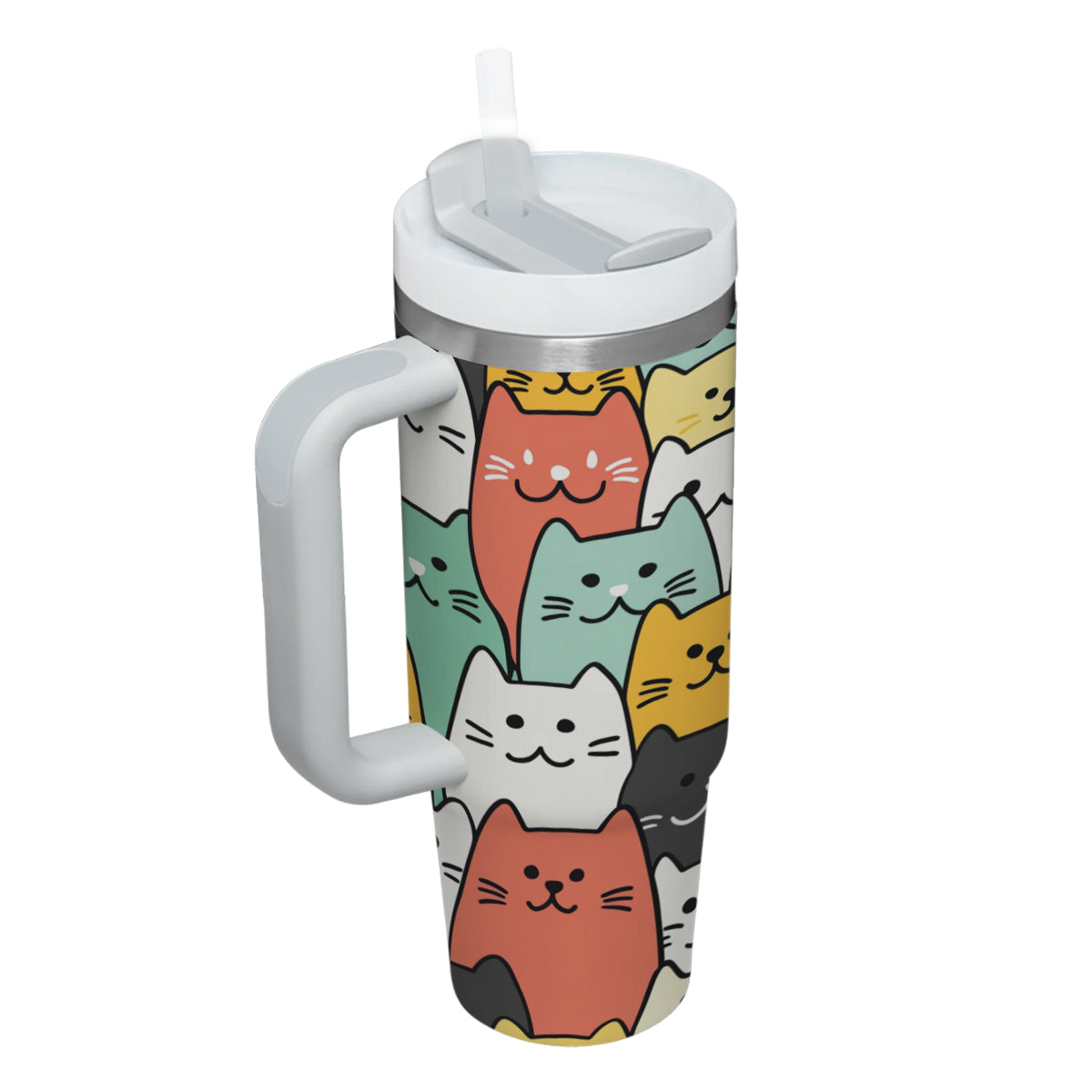 Cute Cat Tumbler 40oz With Handle, Cat Pattern 40oz Tumbler, Cat Lover Tumbler 40oz, Stainless Steel Tumbler, Insulated Tumbler 26