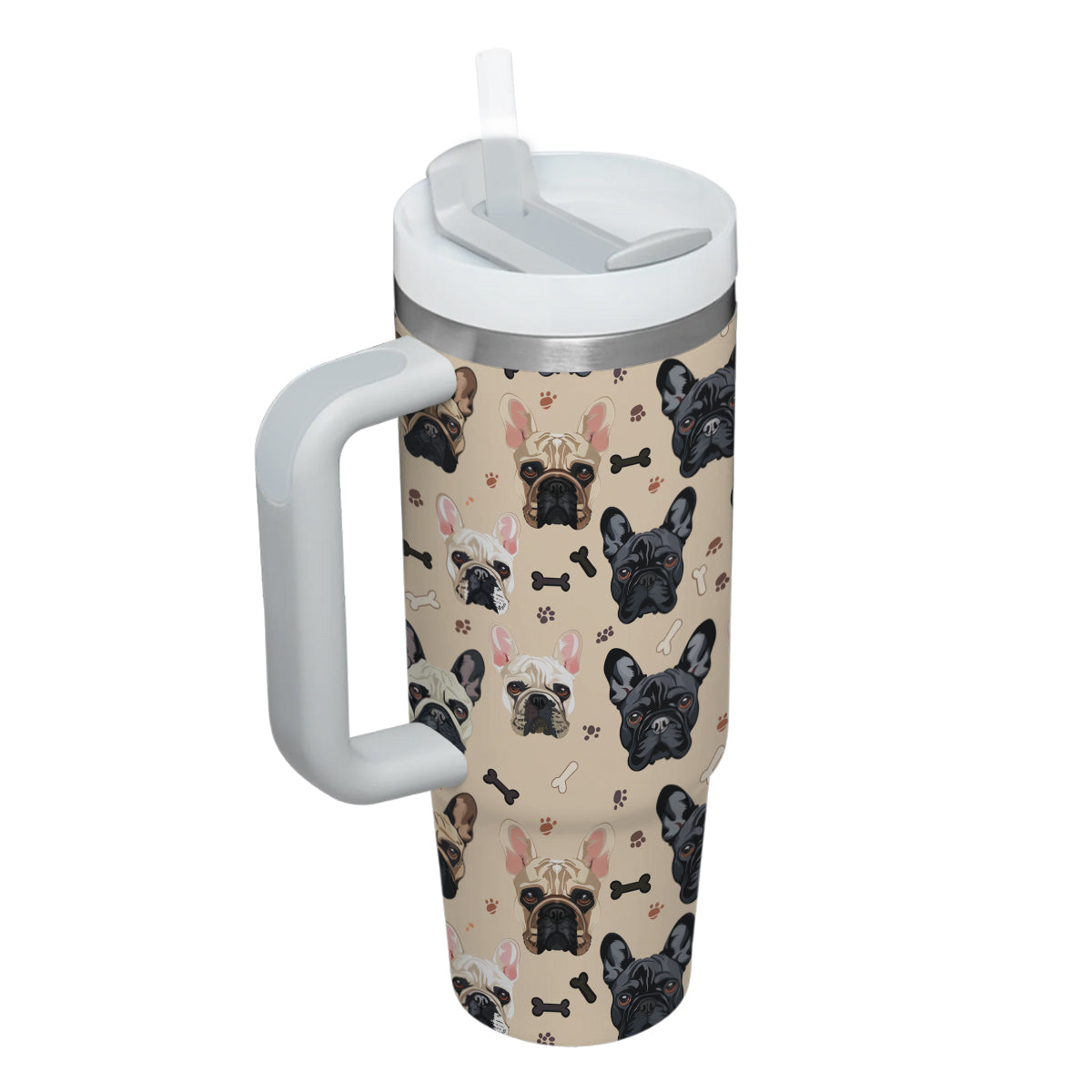 Cute French Bulldog Tumbler 40oz With Handle, French Bulldog Pattern 40oz Tumbler, Dog Paw Photo Tumbler with Straw, Dog Lover Tumbler, Stainless Steel Tumbler, Insulated Tumbler 01