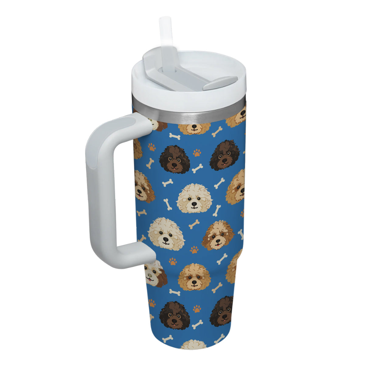 Cute Poodle Tumbler 40oz With Handle, Poodle Pattern 40oz Tumbler, Dog Paw Photo Tumbler with Straw, Dog Lover Tumbler, Stainless Steel Tumbler, Insulated Tumbler 01