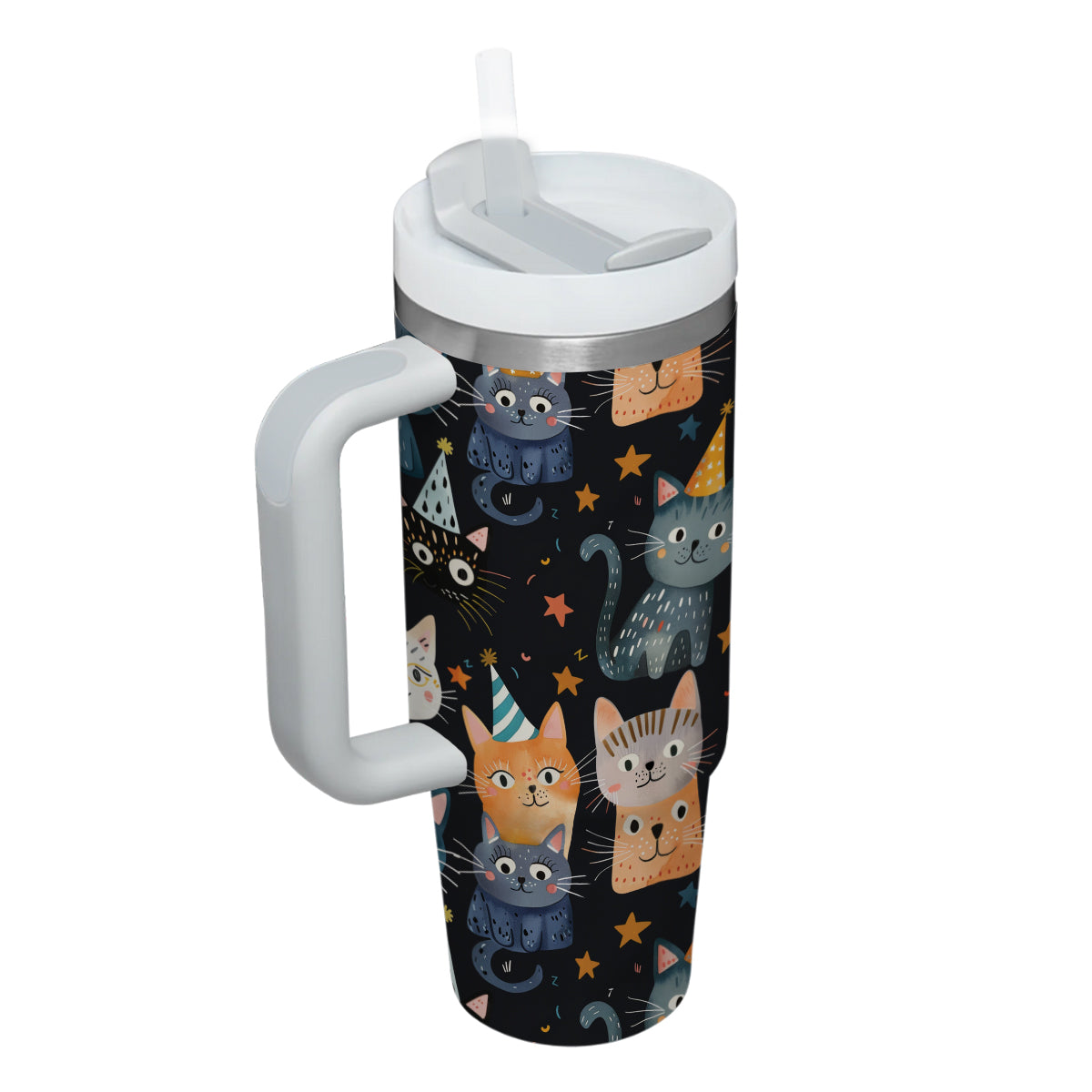 Cute Cat Tumbler 40oz With Handle, Cat Pattern 40oz Tumbler, Cat Lover Tumbler 40oz, Stainless Steel Tumbler, Insulated Tumbler 14