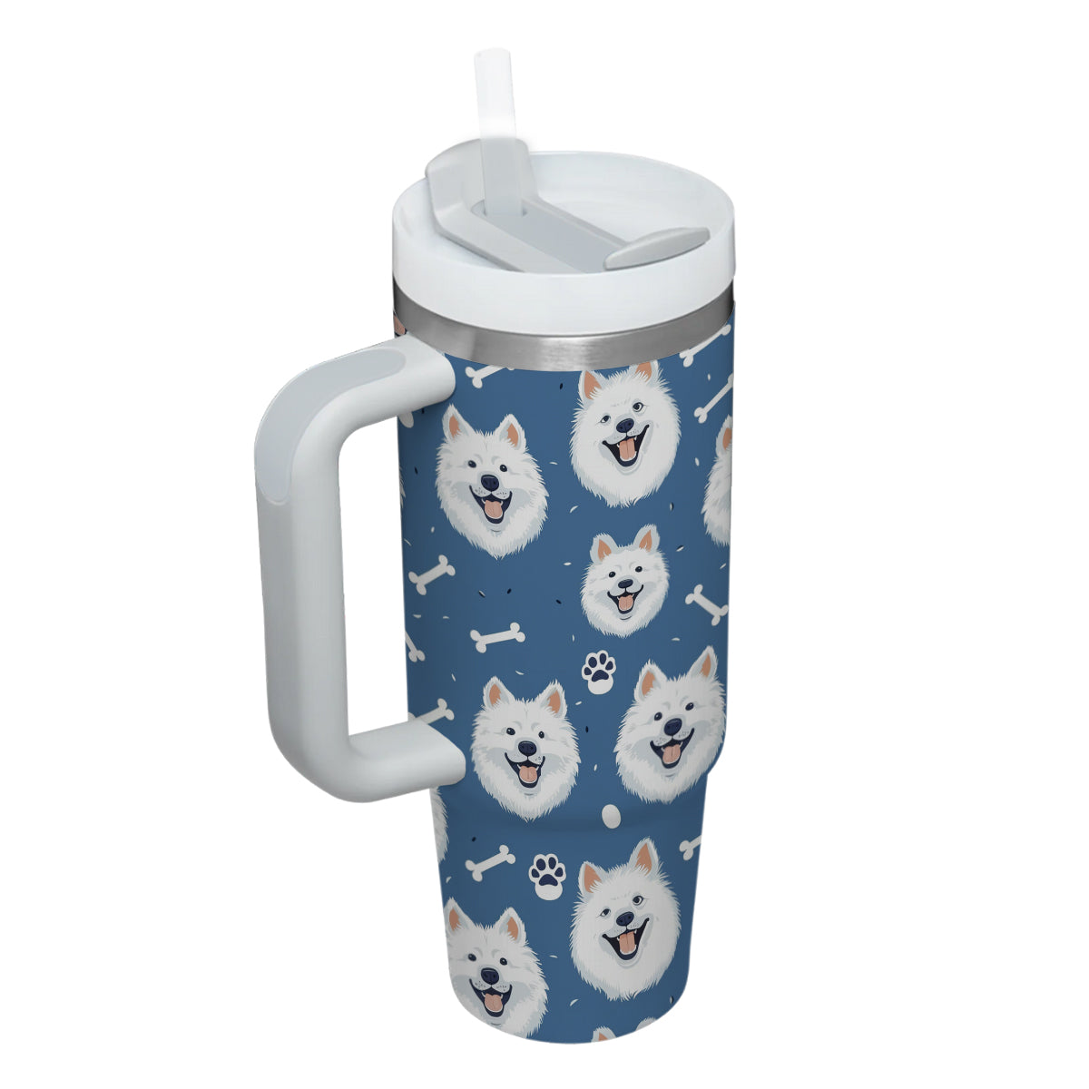 Cute Samoyed Tumbler 40oz With Handle, Samoyed Pattern 40oz Tumbler, Dog Paw Photo Tumbler with Straw, Dog Lover Tumbler, Stainless Steel Tumbler, Insulated Tumbler 01