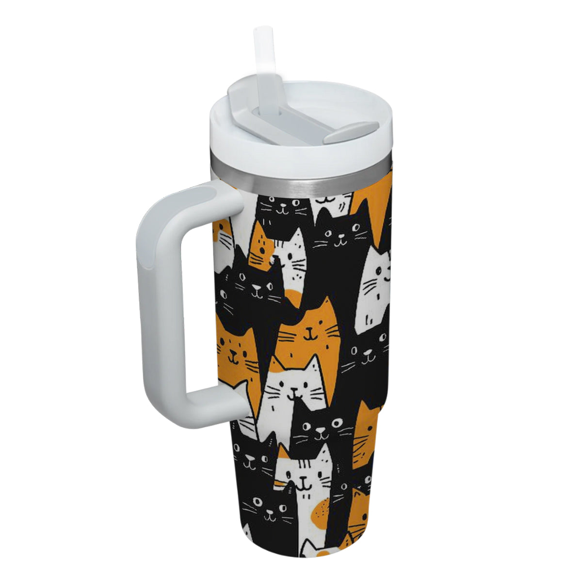 Cute Cat Tumbler 40oz With Handle, Cat Pattern 40oz Tumbler, Cat Lover Tumbler 40oz, Stainless Steel Tumbler, Insulated Tumbler 28