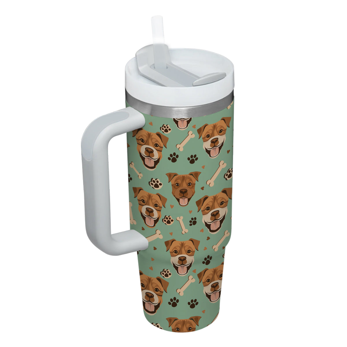 Cute Pitbull Tumbler 40oz With Handle, Pitbull Pattern 40oz Tumbler, Dog Paw Photo Tumbler with Straw, Dog Lover Tumbler, Stainless Steel Tumbler, Insulated Tumbler