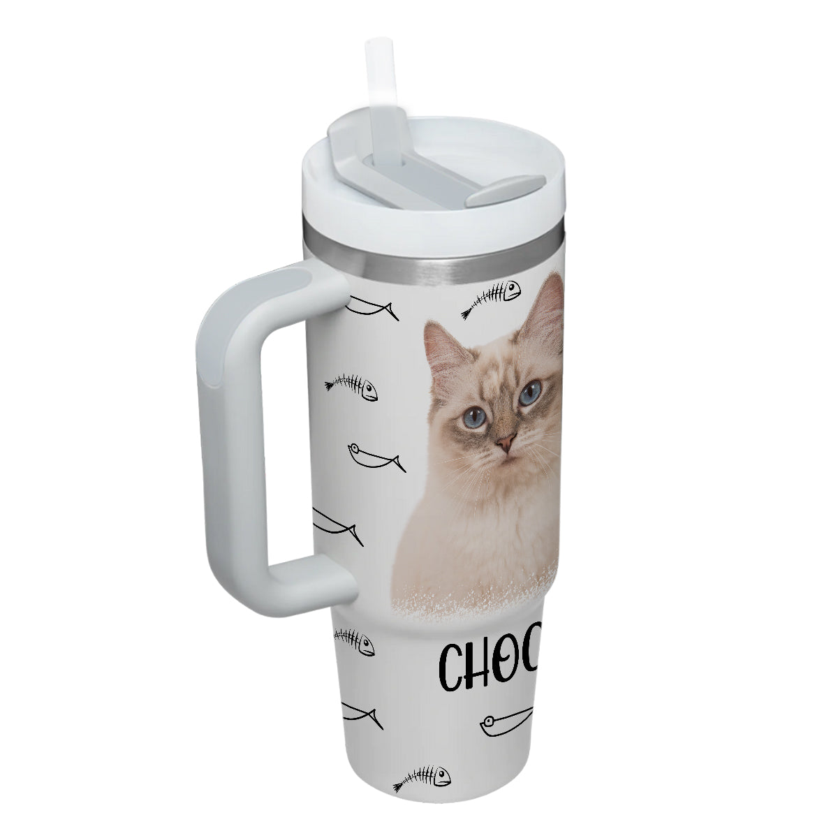 Custom Pet Photo Tumbler 40oz With Handle, Watercolor Pet Portrait From Photo Tumbler,  Personalized Cat Face Photo Tumbler with Straw, Cat Lover Tumbler, Stainless Steel Tumbler, Insulated Tumbler 16