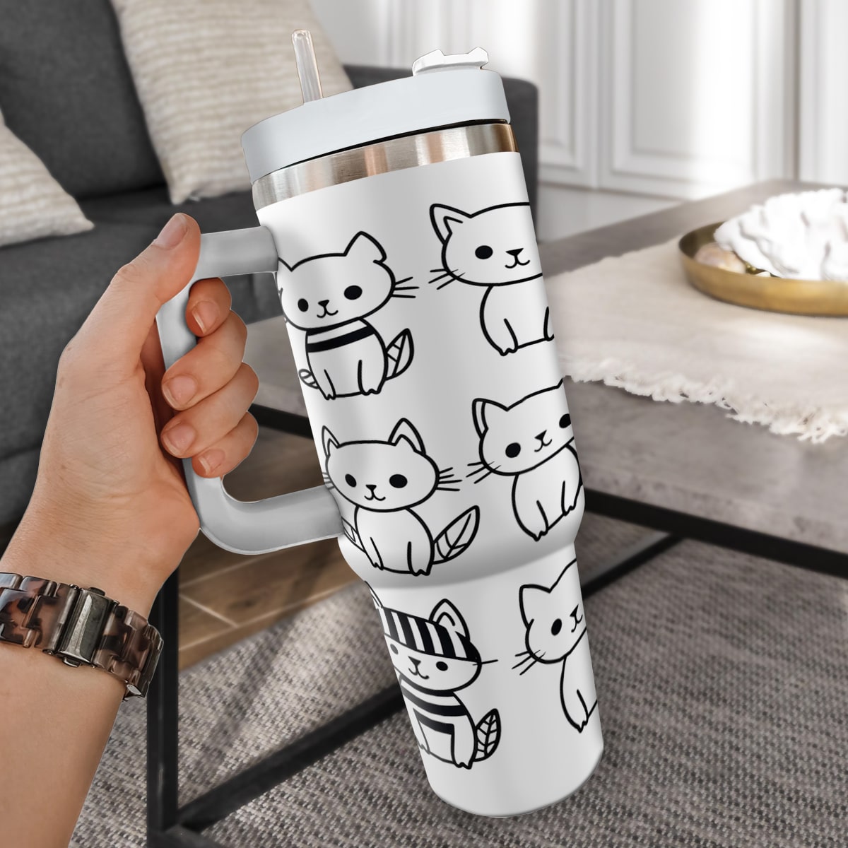 Cute Cat Tumbler 40oz With Handle, Cat Pattern 40oz Tumbler, Cat Lover Tumbler 40oz, Stainless Steel Tumbler, Insulated Tumbler 04