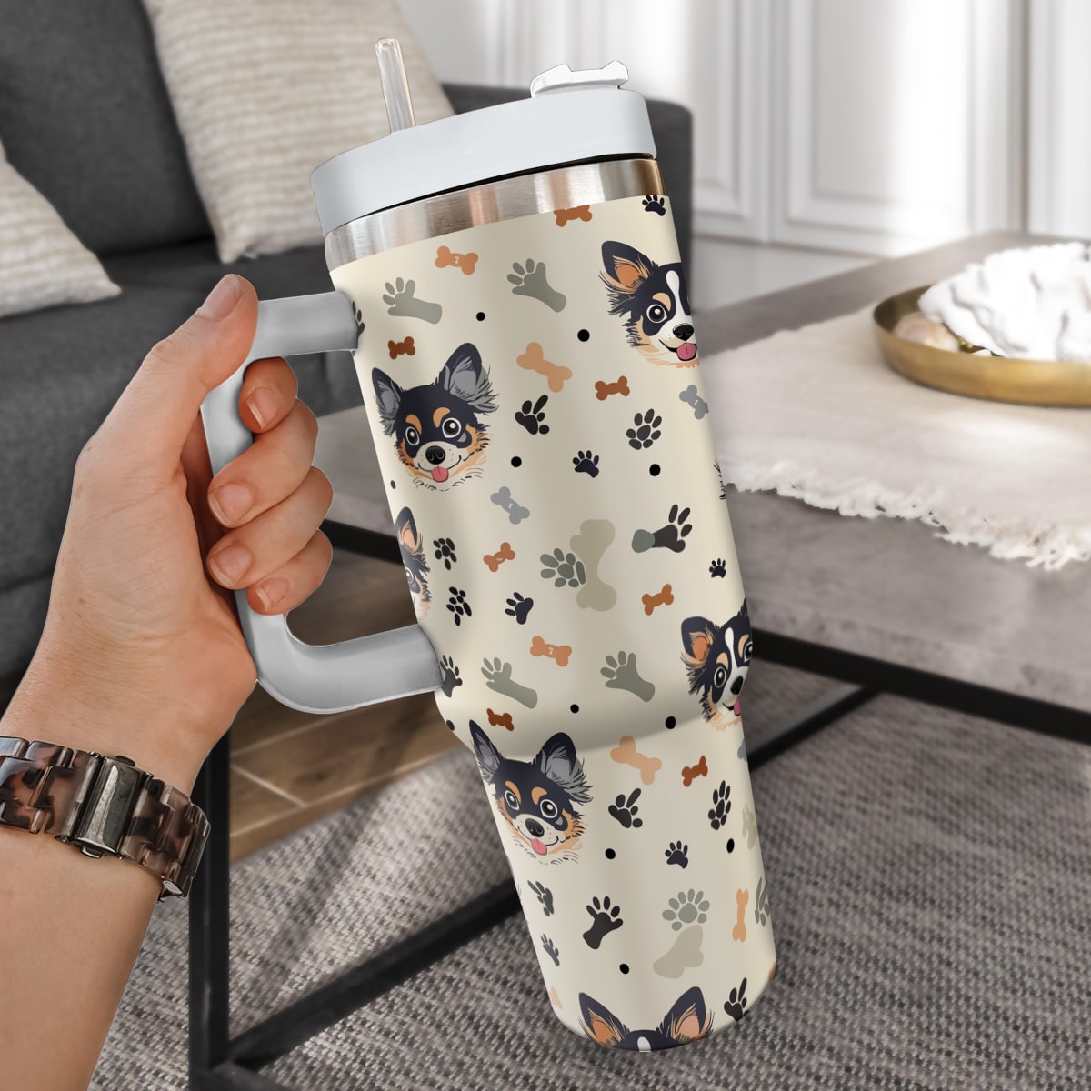 Cute Chihuahua Tumbler 40oz With Handle, Chihuahua Pattern 40oz Tumbler, Dog Paw Photo Tumbler with Straw, Dog Lover Tumbler, Stainless Steel Tumbler, Insulated Tumbler