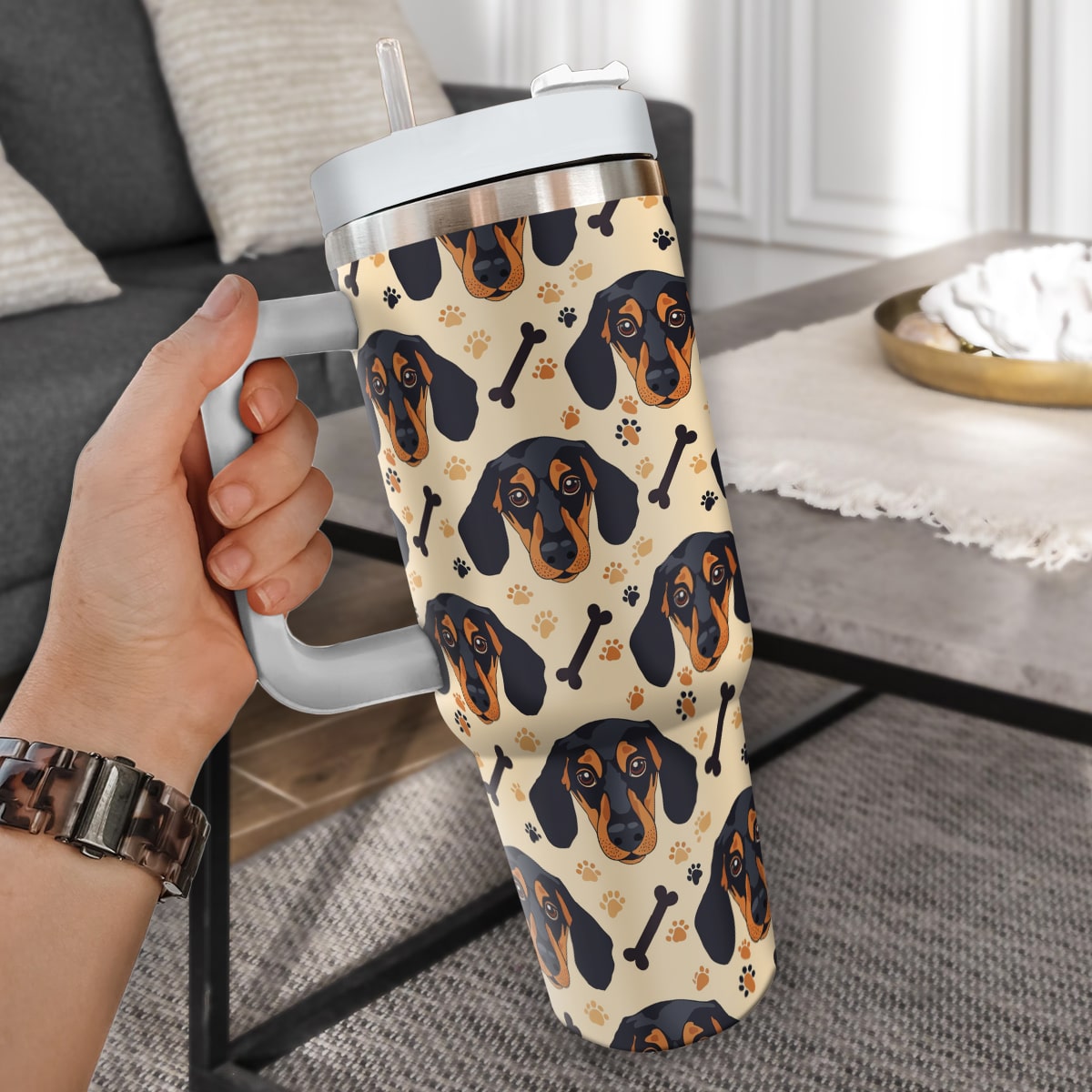 Cute Dachshund Tumbler 40oz With Handle, Dachshund Pattern 40oz Tumbler, Dog Paw Photo Tumbler with Straw, Dog Lover Tumbler, Stainless Steel Tumbler, Insulated Tumbler