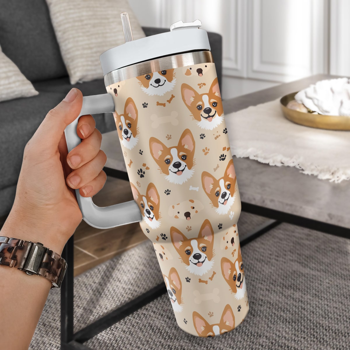 Cute Corgi Tumbler 40oz With Handle, Corgi Pattern 40oz Tumbler, Dog Paw Photo Tumbler with Straw, Dog Lover Tumbler, Stainless Steel Tumbler, Insulated Tumbler