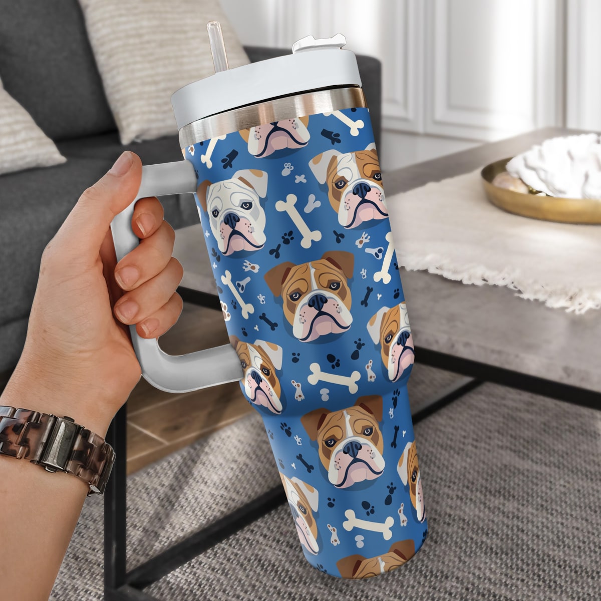 Cute Bulldog Tumbler 40oz With Handle, Bulldog Pattern 40oz Tumbler, Dog Paw Photo Tumbler with Straw, Dog Lover Tumbler, Stainless Steel Tumbler, Insulated Tumbler