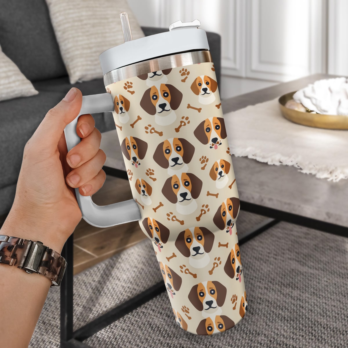 Cute Beagle Tumbler 40oz With Handle, Beagle Pattern 40oz Tumbler, Dog Paw Photo Tumbler with Straw, Dog Lover Tumbler, Stainless Steel Tumbler, Insulated Tumbler