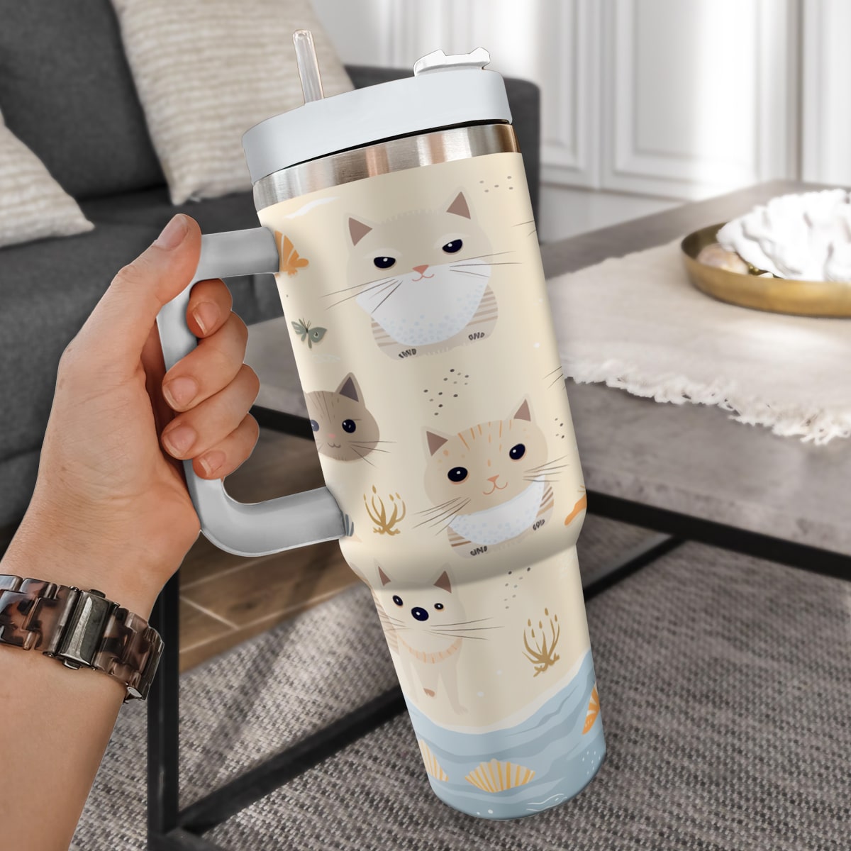 Cute Cat Tumbler 40oz With Handle, Cat Pattern 40oz Tumbler, Cat Lover Tumbler 40oz, Stainless Steel Tumbler, Insulated Tumbler 03