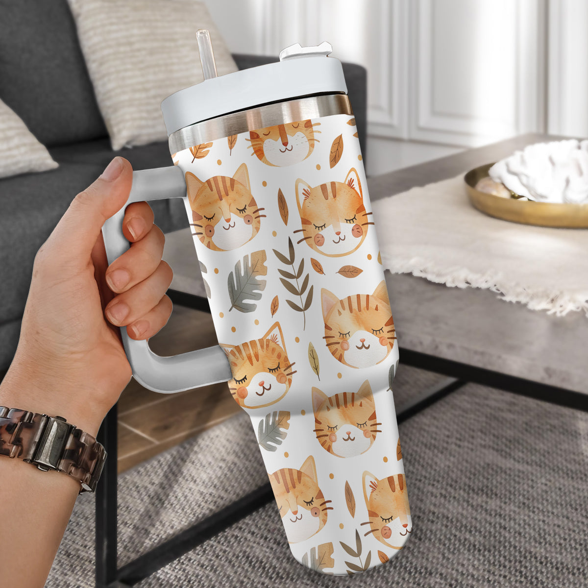 Cute Cat Tumbler 40oz With Handle, Cat Pattern 40oz Tumbler, Cat Lover Tumbler 40oz, Stainless Steel Tumbler, Insulated Tumbler 16