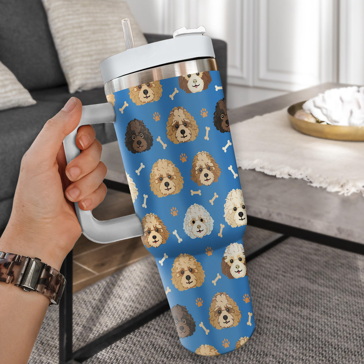 Cute Poodle Tumbler 40oz With Handle, Poodle Pattern 40oz Tumbler, Dog Paw Photo Tumbler with Straw, Dog Lover Tumbler, Stainless Steel Tumbler, Insulated Tumbler 01