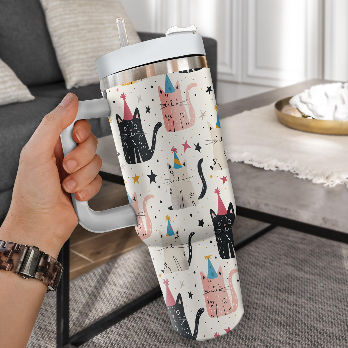 Cute Cat Tumbler 40oz With Handle, Cat Pattern 40oz Tumbler, Cat Lover Tumbler 40oz, Stainless Steel Tumbler, Insulated Tumbler 13