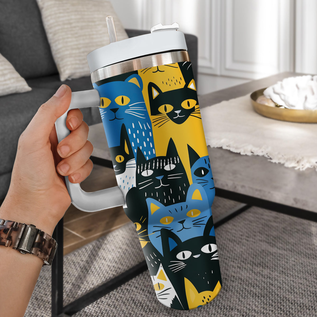 Cute Cat Tumbler 40oz With Handle, Cat Pattern 40oz Tumbler, Cat Lover Tumbler 40oz, Stainless Steel Tumbler, Insulated Tumbler 29