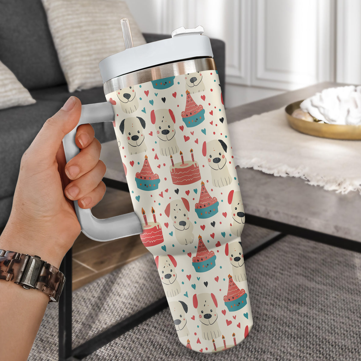 Cute Dog Tumbler 40oz With Handle, Dog Face Pattern 40oz Tumbler, Puppies Tumbler with Straw, Dog Lover Tumbler, Stainless Steel Tumbler, Insulated Tumbler 04