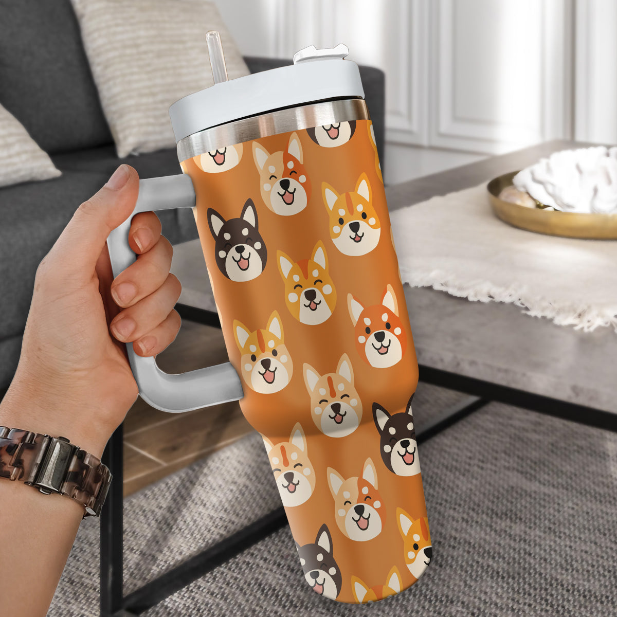 Cute Shiba Tumbler 40oz With Handle, Shiba Pattern 40oz Tumbler, Dog Paw Photo Tumbler with Straw, Dog Lover Tumbler, Stainless Steel Tumbler, Insulated Tumbler 02