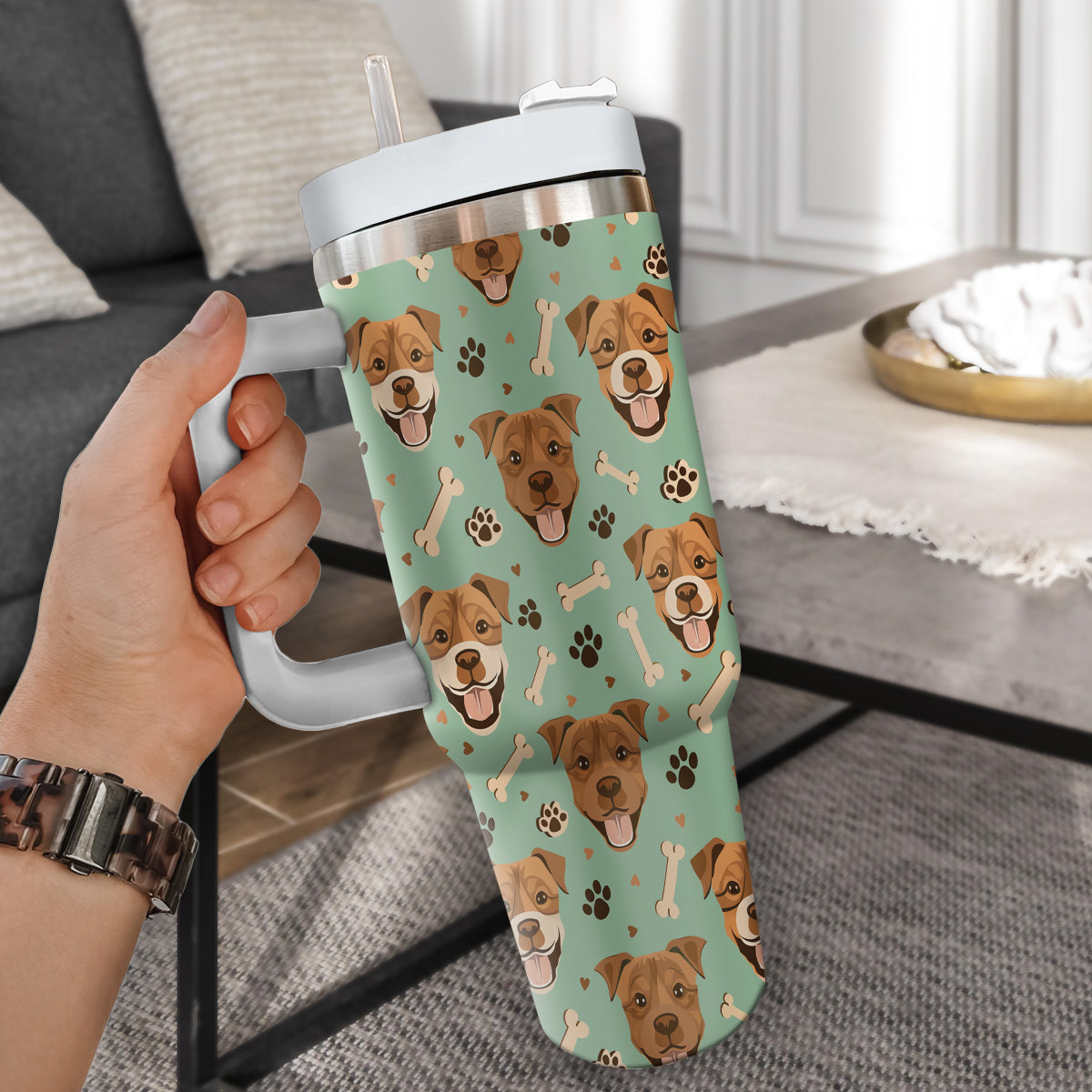 Cute Pitbull Tumbler 40oz With Handle, Pitbull Pattern 40oz Tumbler, Dog Paw Photo Tumbler with Straw, Dog Lover Tumbler, Stainless Steel Tumbler, Insulated Tumbler