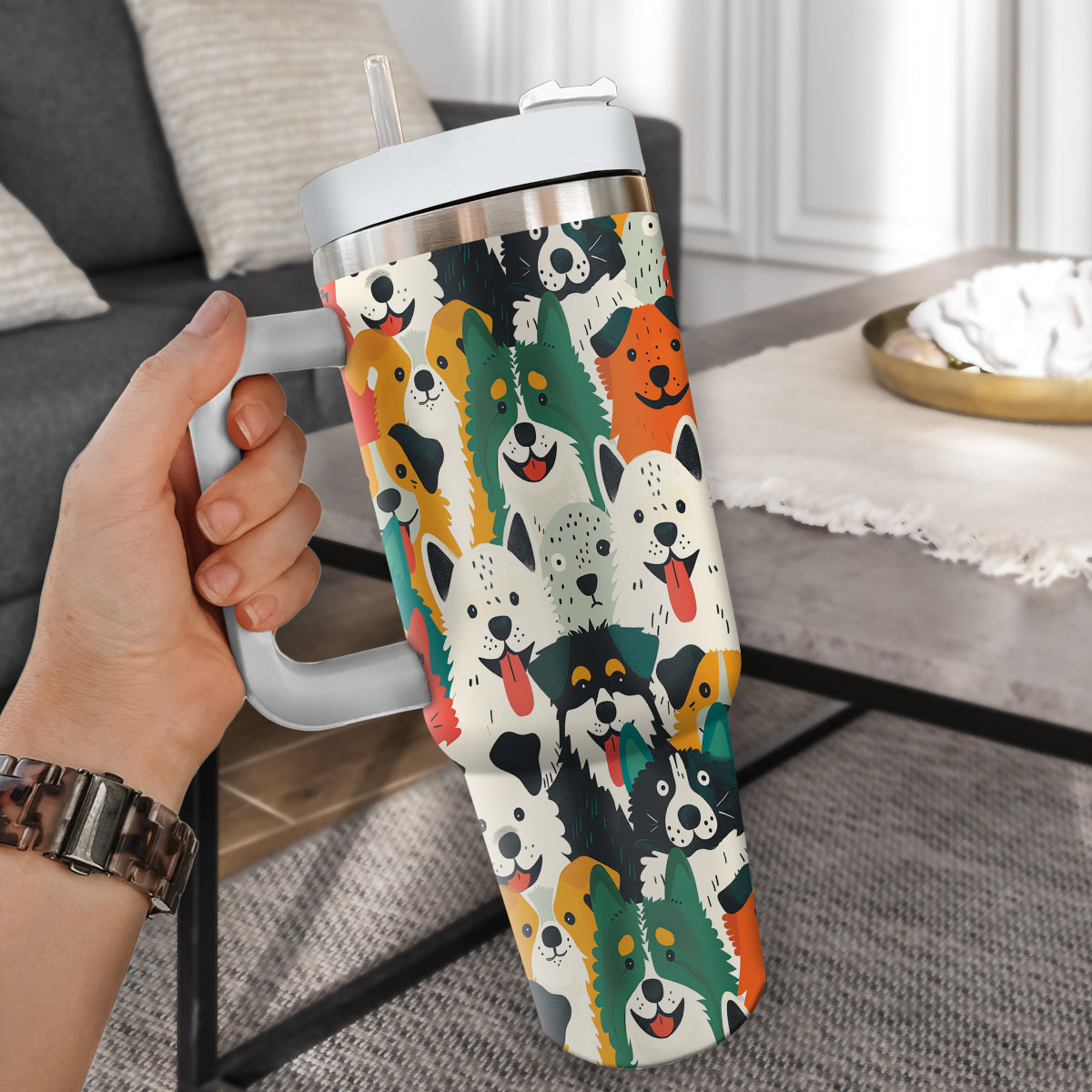 Cute Dog Tumbler 40oz With Handle, Dog Face Pattern 40oz Tumbler, Puppies Tumbler with Straw, Dog Lover Tumbler, Stainless Steel Tumbler, Insulated Tumbler 01