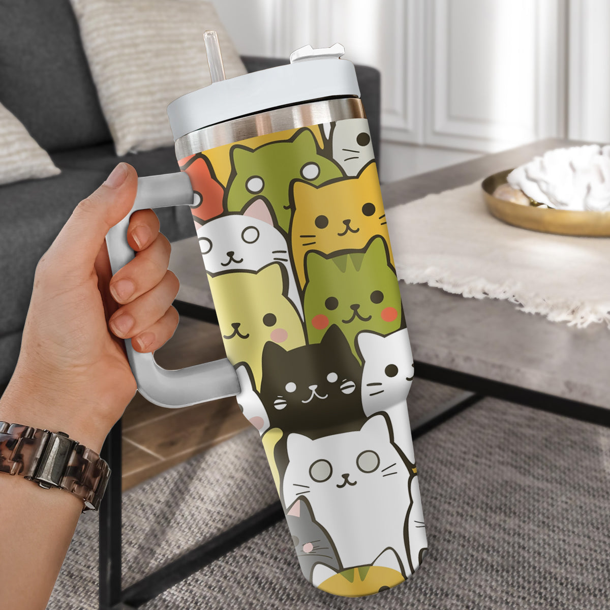 Cute Cat Tumbler 40oz With Handle, Cat Pattern 40oz Tumbler, Cat Lover Tumbler 40oz, Stainless Steel Tumbler, Insulated Tumbler 25