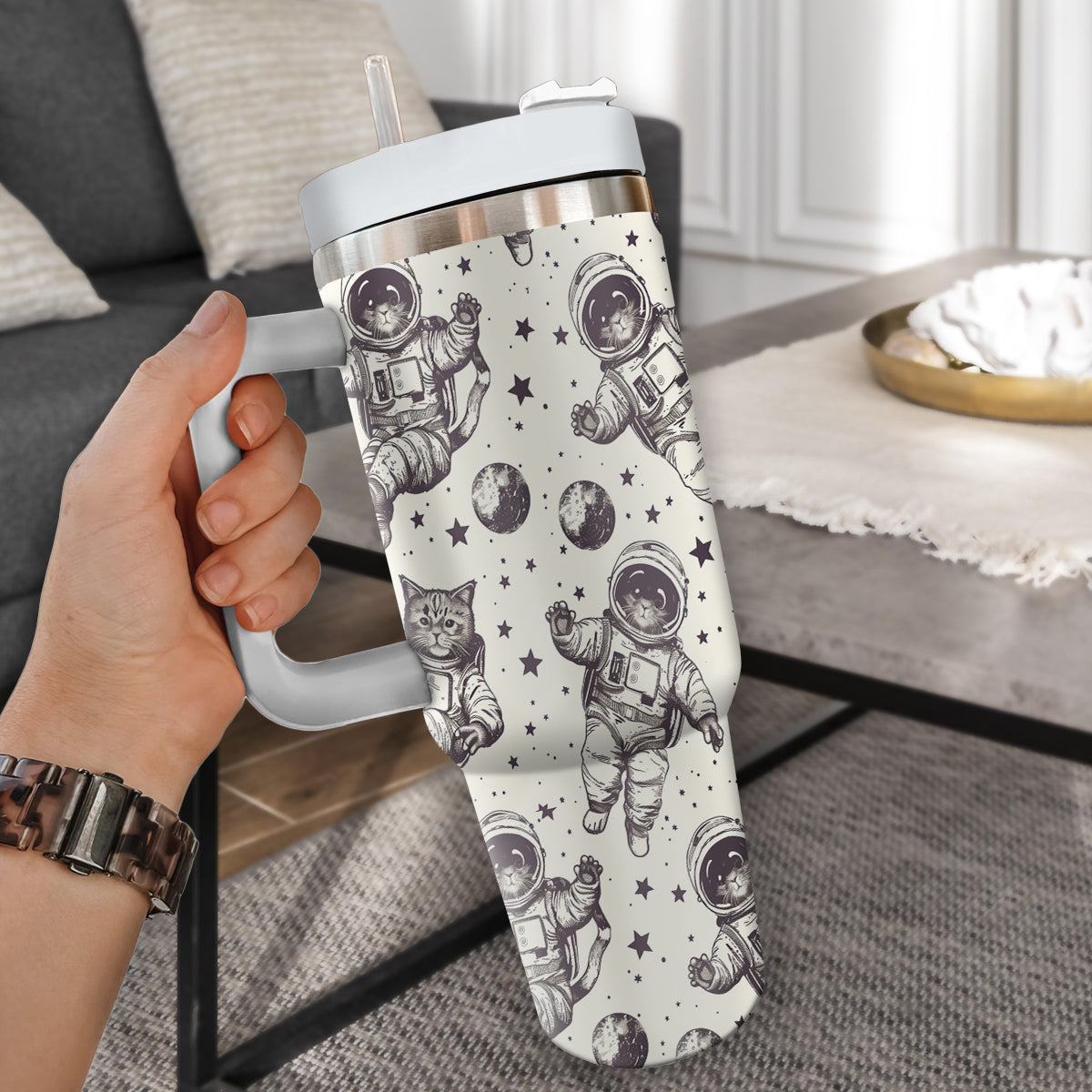 Cute Cat Tumbler 40oz With Handle, Cat Pattern 40oz Tumbler, Cat Lover Tumbler 40oz, Stainless Steel Tumbler, Insulated Tumbler 23