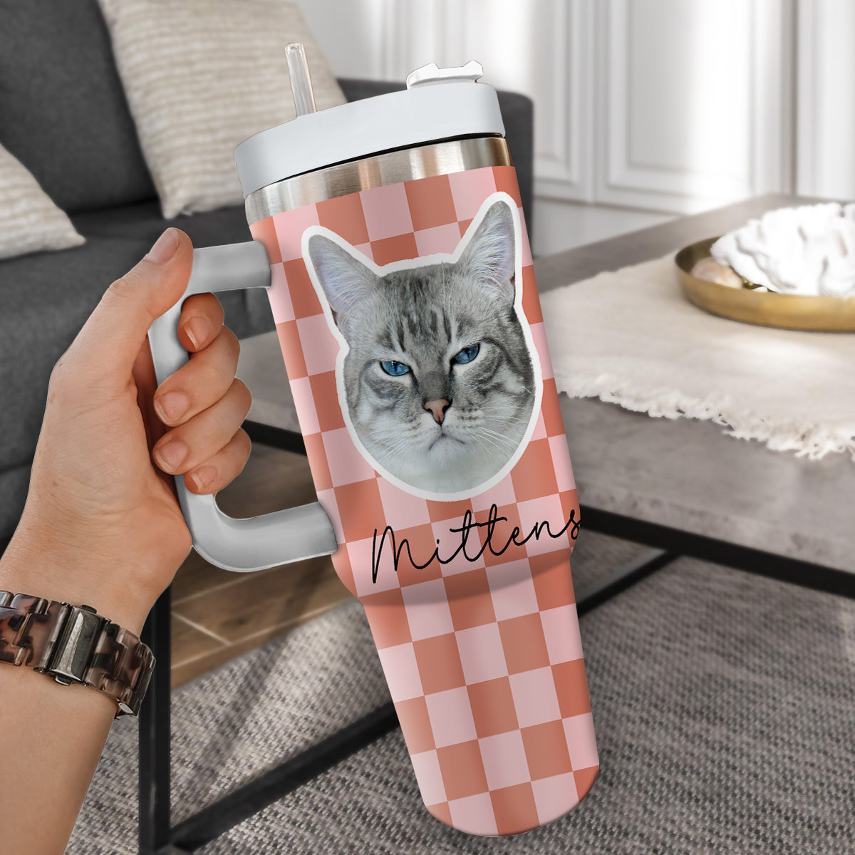 Custom Pet Portrait Tumbler With Pet Name Photo, Custom Dog Tumbler Personalized Cat Tumbler 40oz With Handle, Custom Checkered Tumbler Puppy Gift Pet Travel Mug, Stainless Steel Tumbler, Insulated Tumbler 17