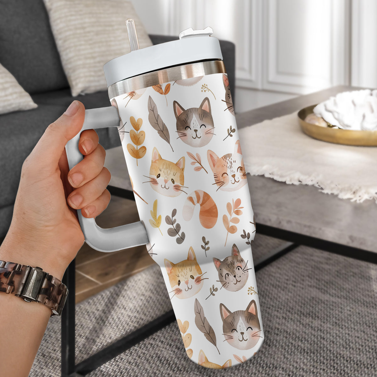 Cute Cat Tumbler 40oz With Handle, Cat Pattern 40oz Tumbler, Cat Lover Tumbler 40oz, Stainless Steel Tumbler, Insulated Tumbler 15