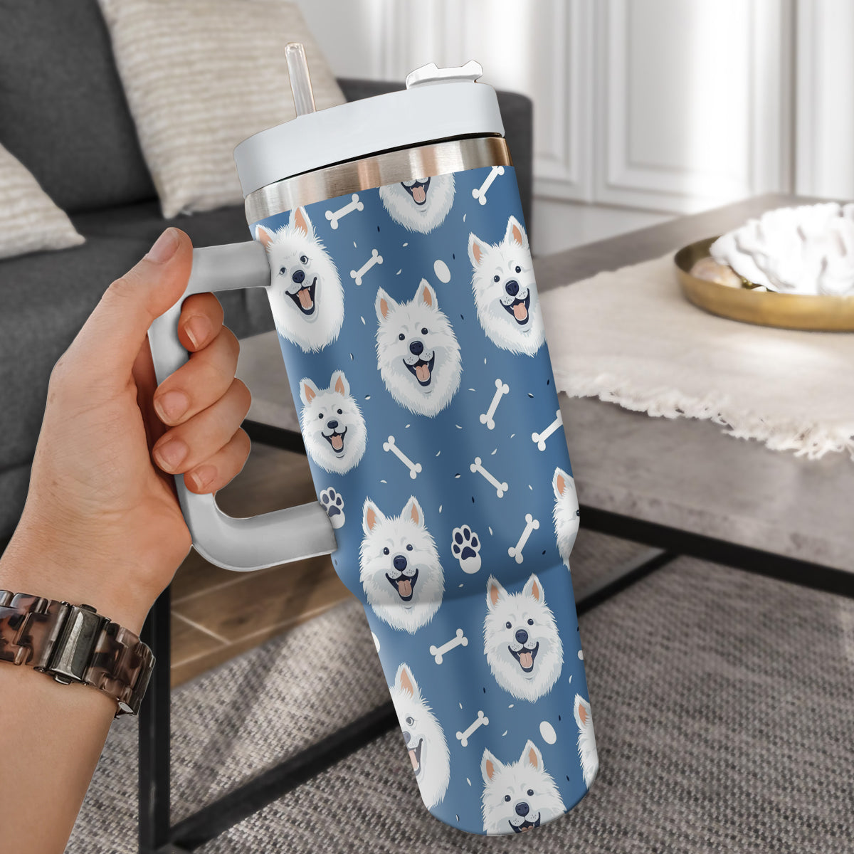 Cute Samoyed Tumbler 40oz With Handle, Samoyed Pattern 40oz Tumbler, Dog Paw Photo Tumbler with Straw, Dog Lover Tumbler, Stainless Steel Tumbler, Insulated Tumbler 01