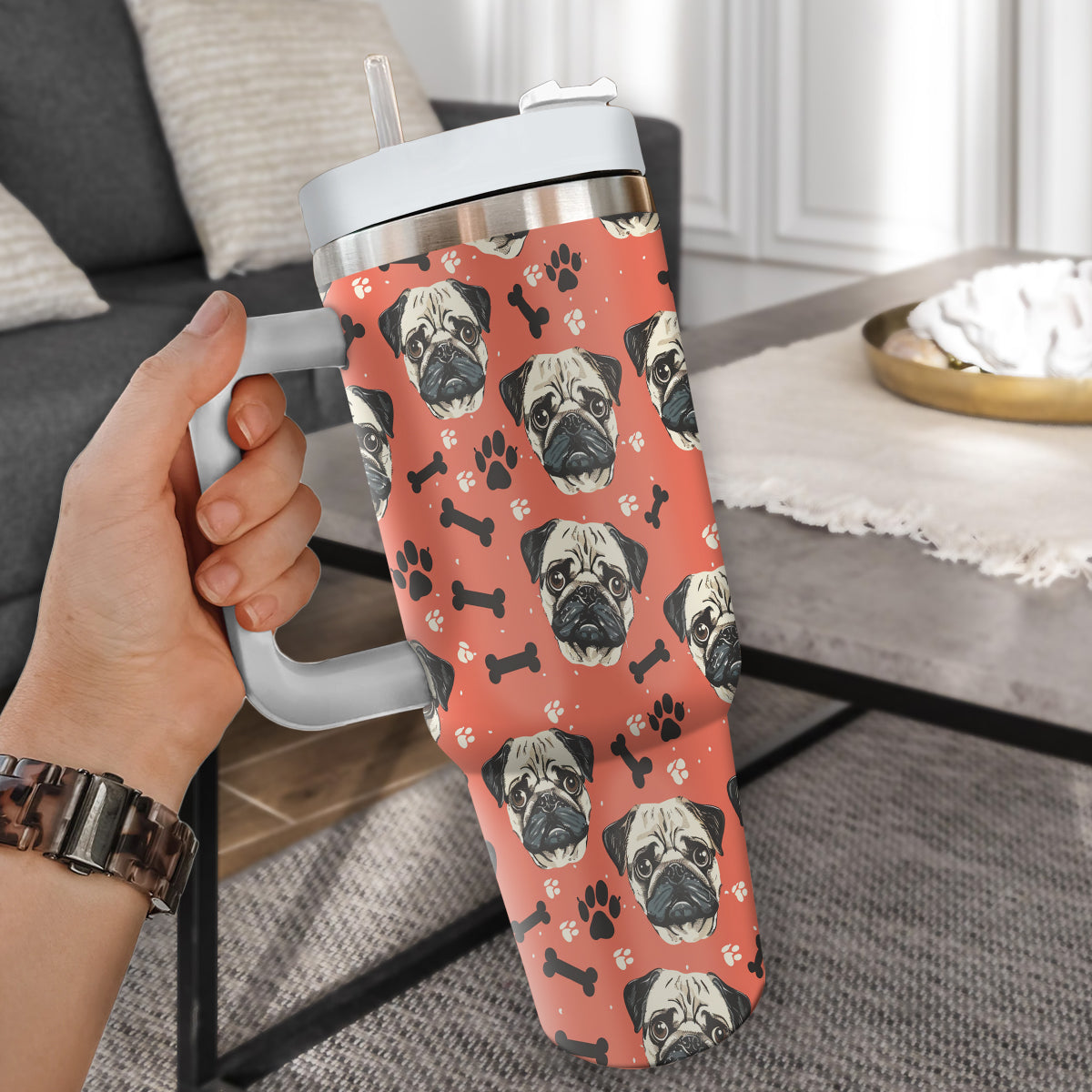 Cute Pug Tumbler 40oz With Handle, Pug Pattern 40oz Tumbler, Dog Paw Photo Tumbler with Straw, Dog Lover Tumbler, Stainless Steel Tumbler, Insulated Tumbler