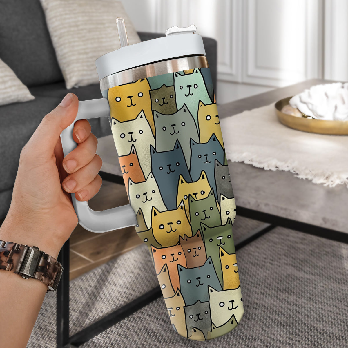 Cute Cat Tumbler 40oz With Handle, Cat Pattern 40oz Tumbler, Cat Lover Tumbler 40oz, Stainless Steel Tumbler, Insulated Tumbler 20