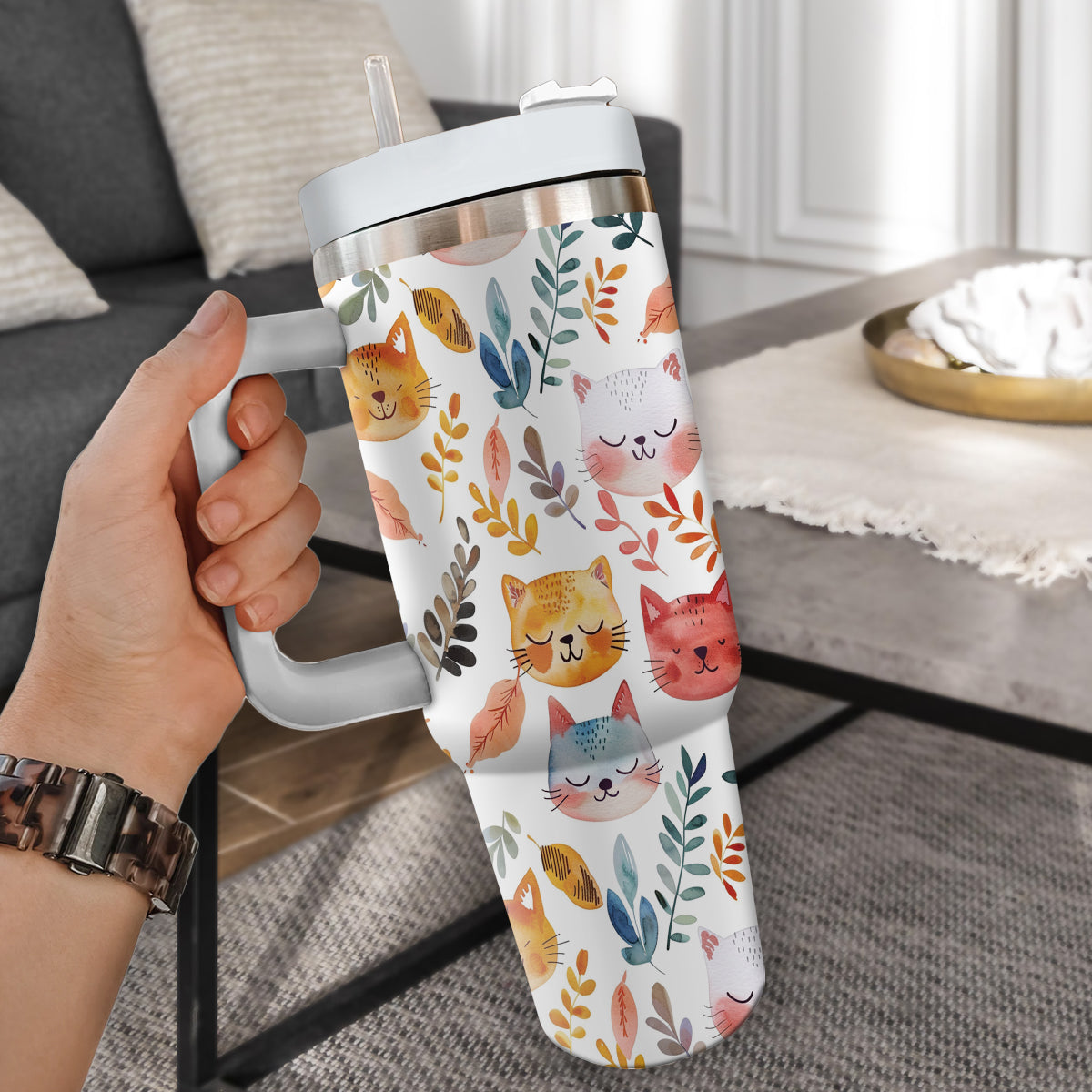 Cute Cat Tumbler 40oz With Handle, Cat Pattern 40oz Tumbler, Cat Lover Tumbler 40oz, Stainless Steel Tumbler, Insulated Tumbler 12