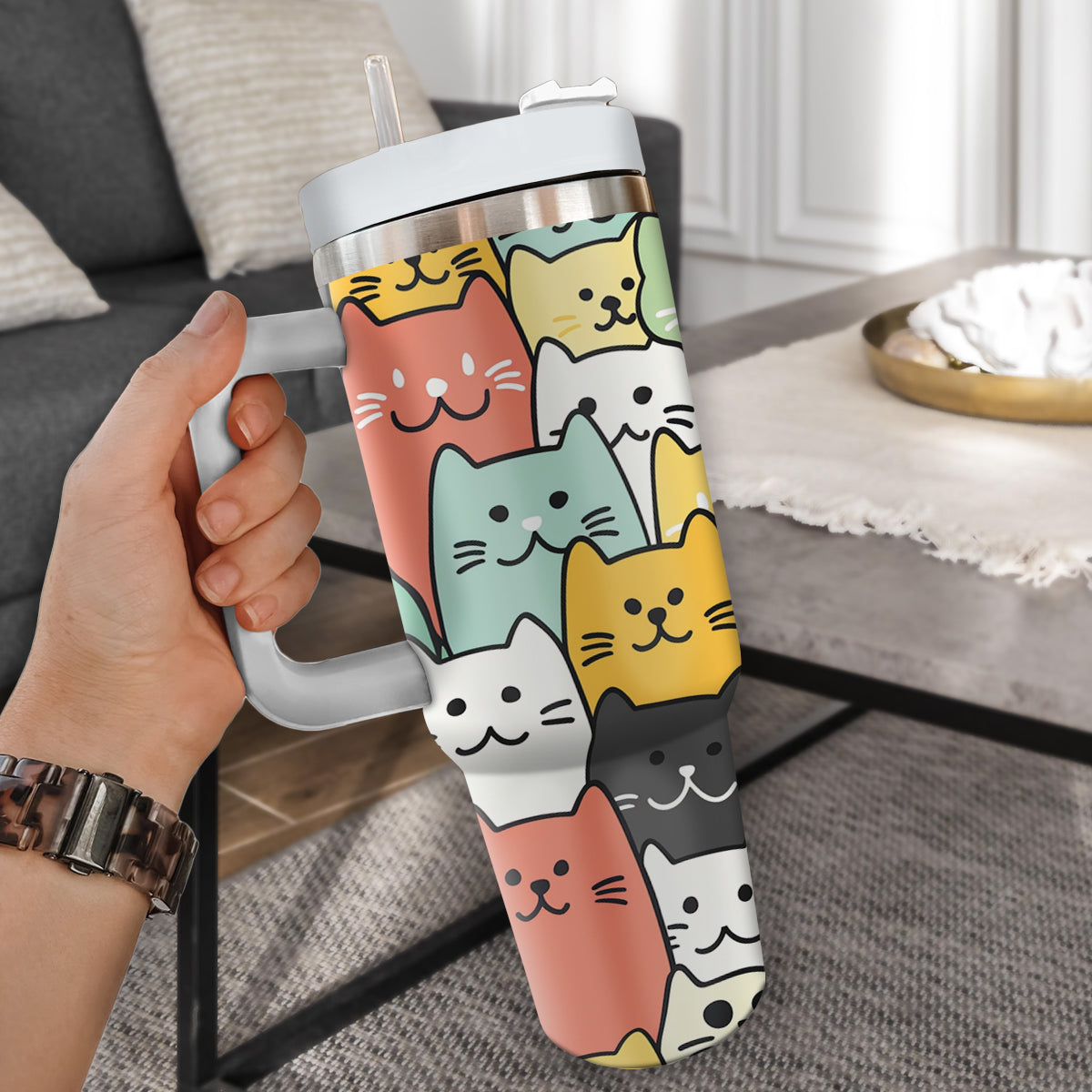 Cute Cat Tumbler 40oz With Handle, Cat Pattern 40oz Tumbler, Cat Lover Tumbler 40oz, Stainless Steel Tumbler, Insulated Tumbler 26